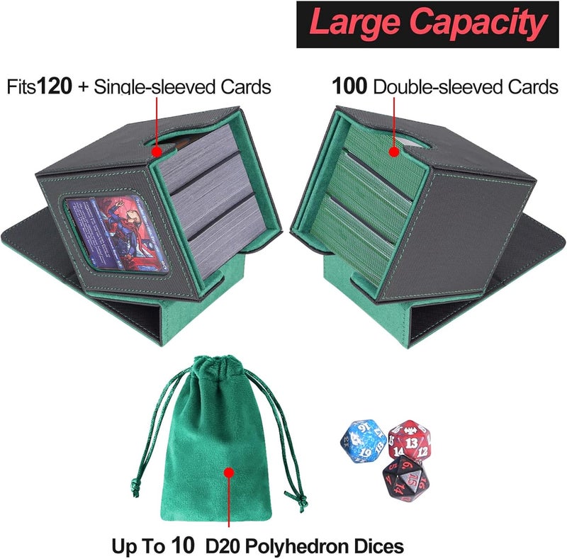 AFIING MTG Deck Box for Commander Display,Card Deck case Fits 100 Double Sleeved Cards,Magic Commander TCG Card Storage Box with 2 Dividers,Dice Bag and Toploader Black Green - Image 3